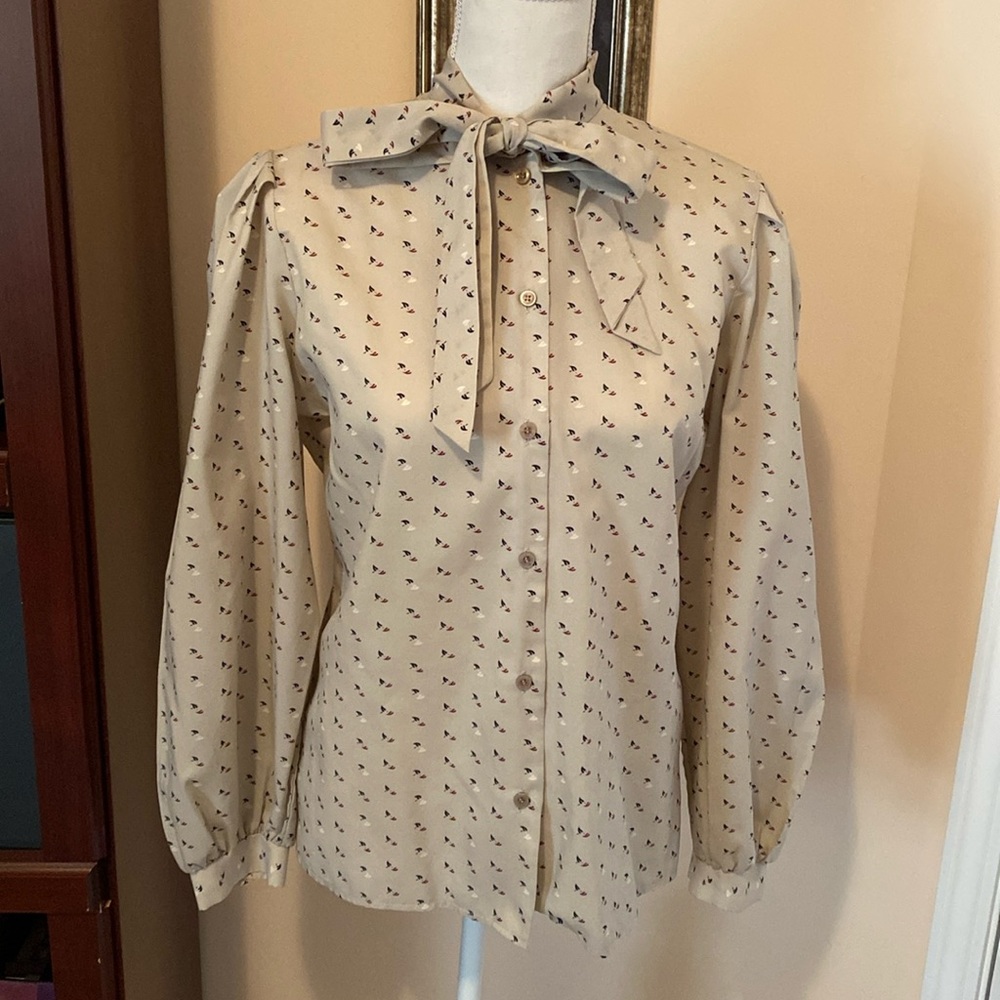 Vintage Button Down Blouse with PussyBow Tie